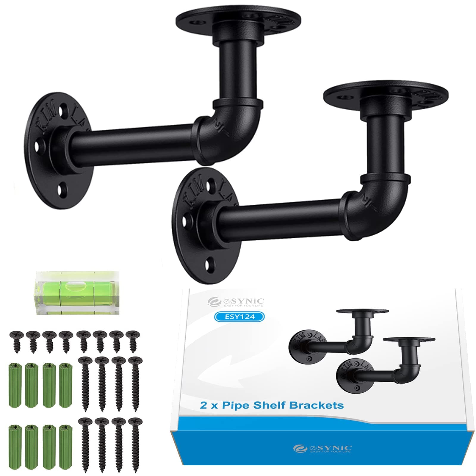 eSynic 2Pcs Pipe Brackets Black Industrial Pipe Shelf Bracket for Shelves Tube Rack Iron 1/2 inch Pipe Floating Shelves for Scaffold Board (15*8cm) with a Spirit Level