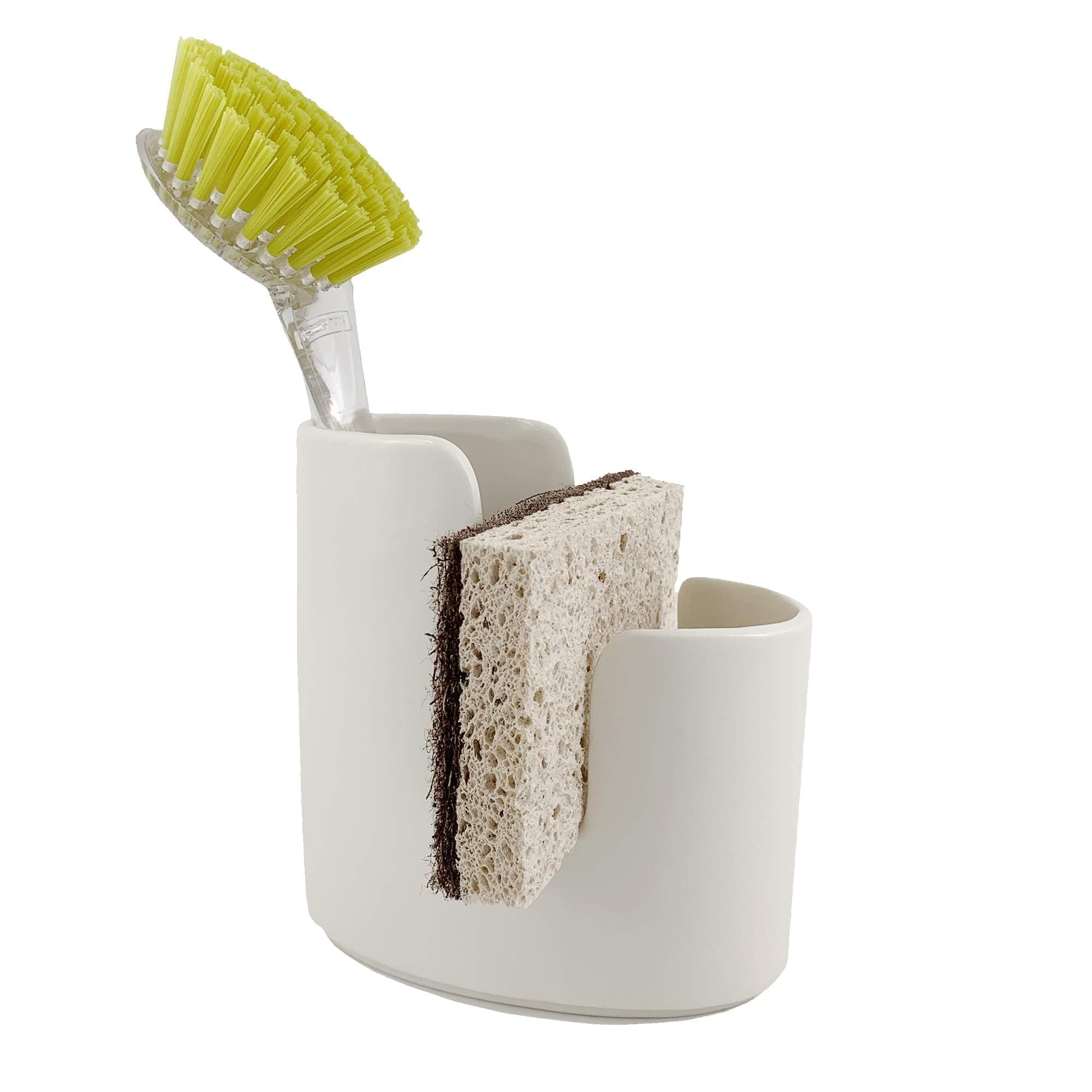 Kitchen Sink Caddy Dish Sponge Holder and Scrub Brush Dish Wand Holder Ceramic White Farmhouse Modern