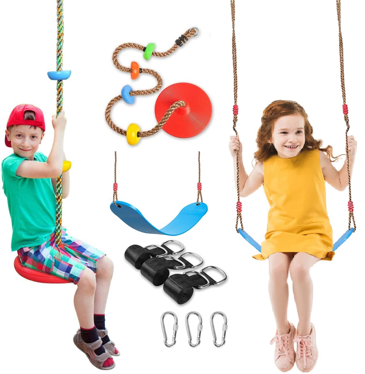 2 Pack Swing Seats with Tree Climbing Rope, Multicolor Swings with Platforms - Outdoor Toys for Kids&Adults- Playground Backyard Swingset Accessories with 5Ft Strap and Snap Hook