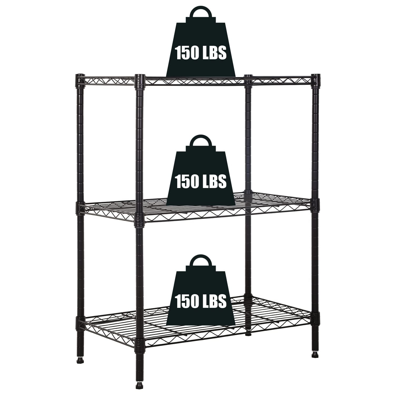 3-Tier Storage Shelves Adjustable, MGHH Wire Shelving Heavy Duty Storage Rack(150 Lbs Loading Capacity/ Shelf) Metal Shelf Organizer for Pantry Garage Kitchen 23"D x12"W x 30"H -Black