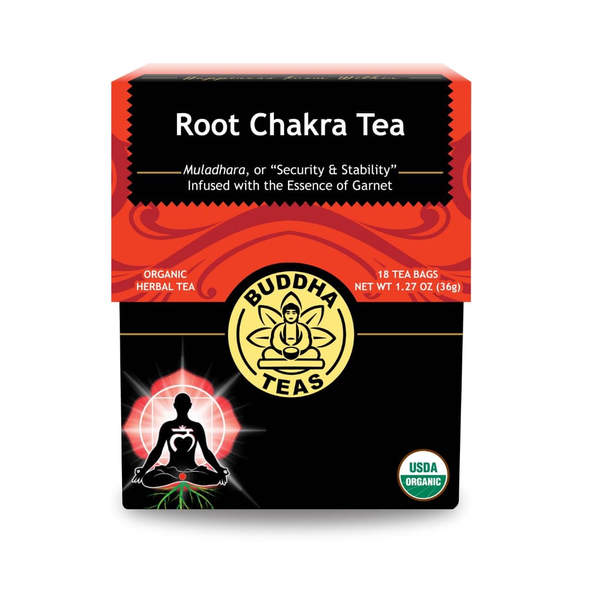 Root Chakra Tea - Organic Herbal Tea - For Security & Stability - With Ashwagandha Root, Raspberry Leaf, Cloves & Garnet Essence - 100% Kosher & Non-GMO - 18 Tea Bags (Pack of 1)