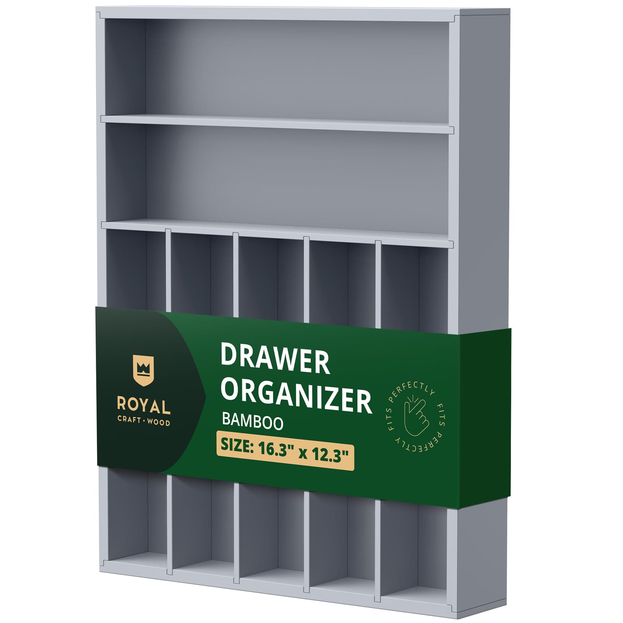 ROYAL CRAFT WOOD Luxury Bamboo Kitchen Drawer Organizer - Silverware Organizer - Utensil Holder and Cutlery Tray with Grooved Drawer Dividers for Flatware and Kitchen Utensils (7 Slot, Gray)