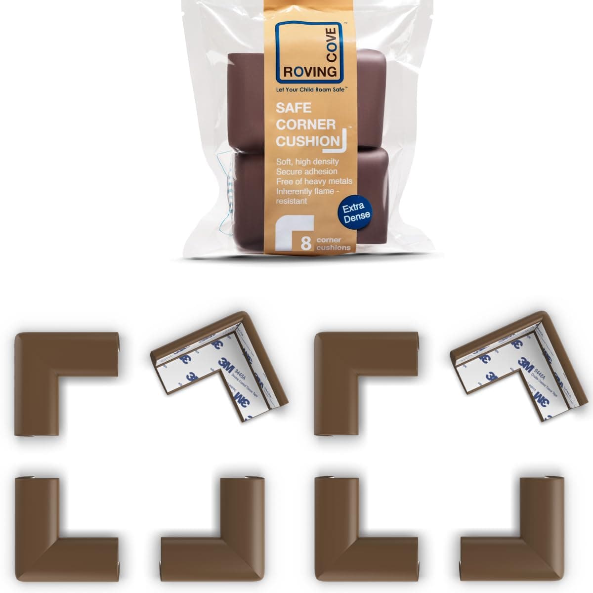 Roving Cove Slimfit Corner Protector for Baby Proofing (8 Small Corners), Soft Rubber Foam Furniture Corner Bumper Guards, 3M Adhesive Pre-Taped, Coffee Brown