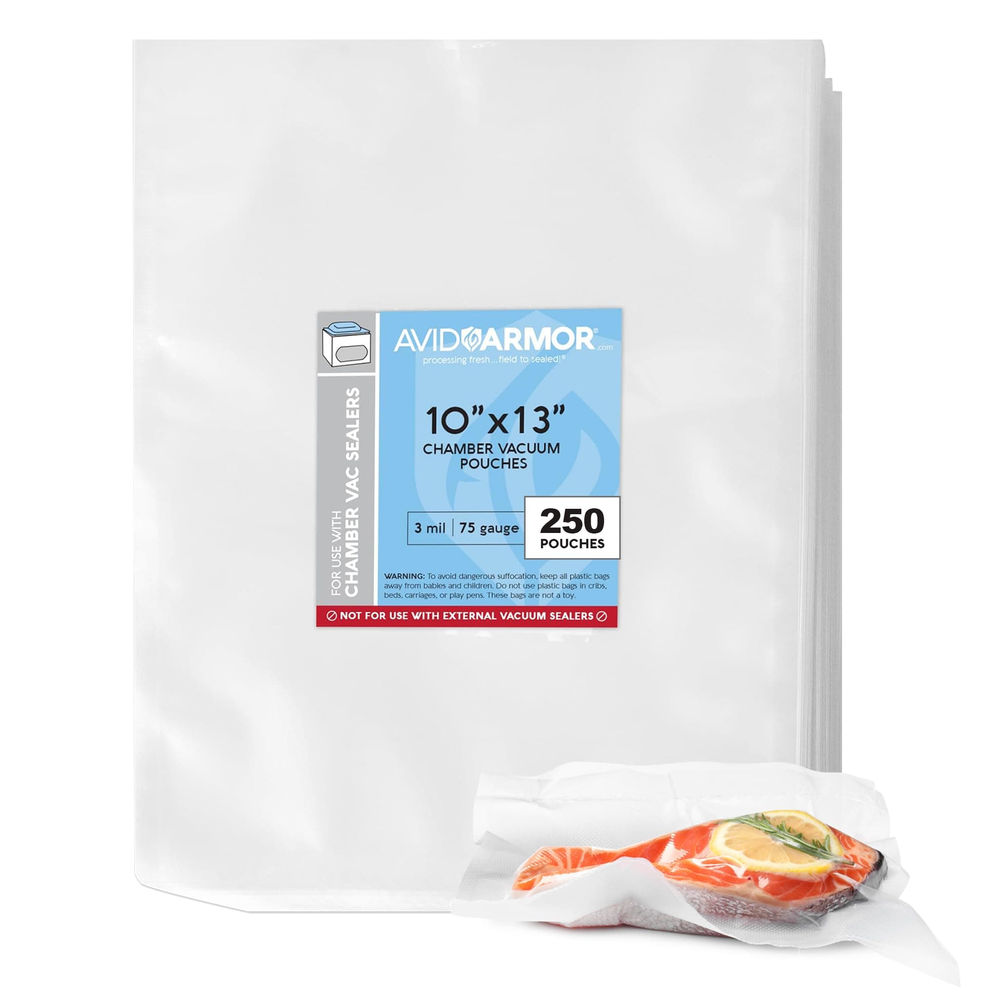 Avid Armor Chamber Machine Vacuum Pouches Size 10" x 13" Pack of 250 Pre-Cut Heavy Duty 3Mil - NOT Compatible with FOODSAVER Type Vacuum SEALERS - Commercial Grade BPA Free Sous Vide Safe