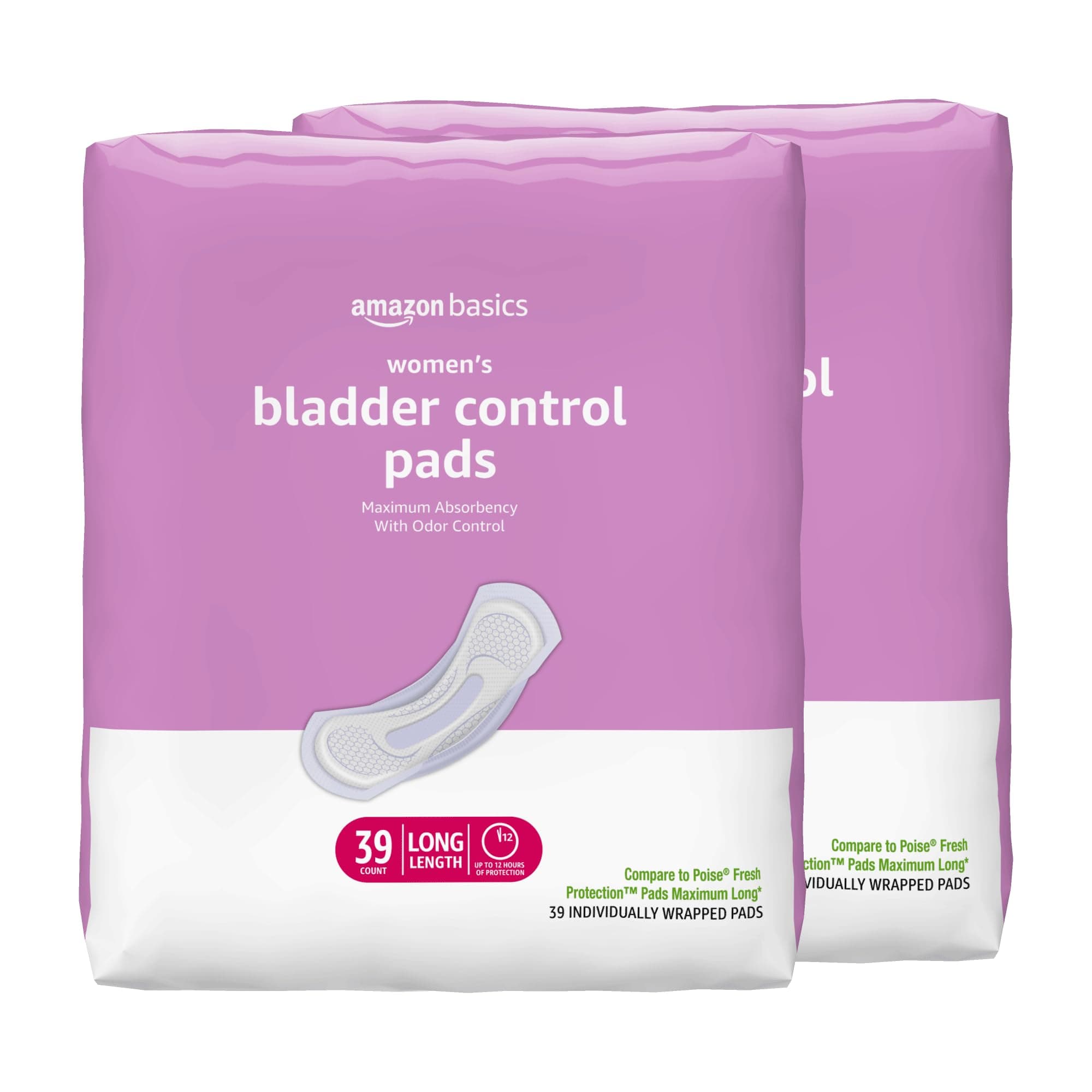 Amazon Basics Incontinence Pads for Women, Postpartum, Long, Maximum Absorbency, Bladder Control, Unscented, 78 Count (2 Packs of 39)