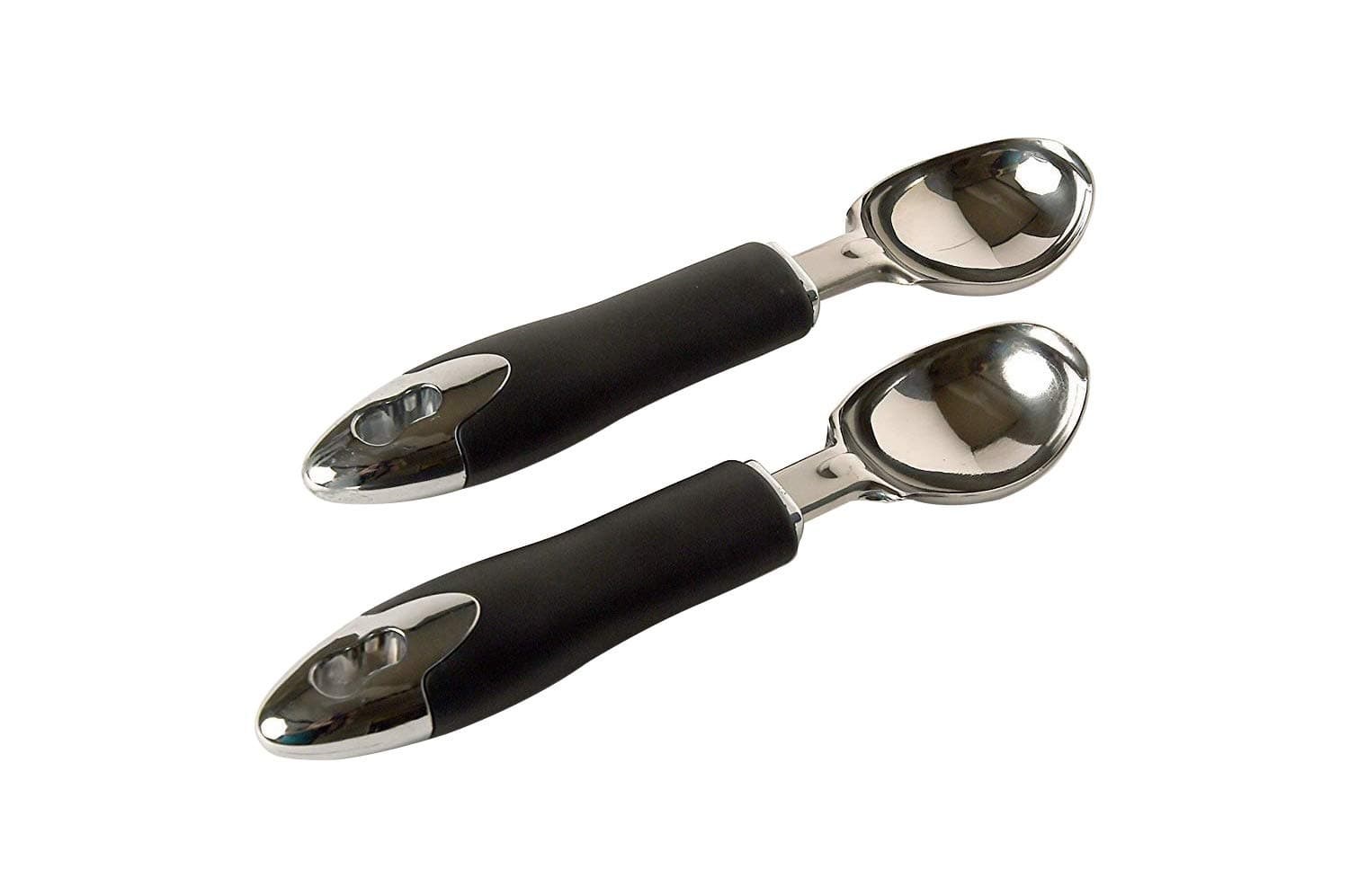Solid Stainless Steel Ice Cream Scoop - Sturdy Scoop for Ice Cream, Ergonomic Non-Slip BPA-Free Rubber Handle - High Gloss Mirror Polish, Food Safe Scoop Head to Perfectly Curl Ice Cream (Pack of 2)
