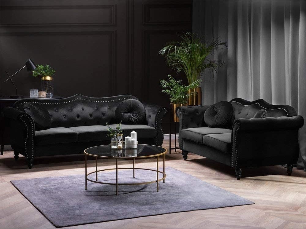 Modern Classic Sofa Couch Fabric & Valvet Tufted Chesterfield Sofa Living Room and Office (Black (3+2))
