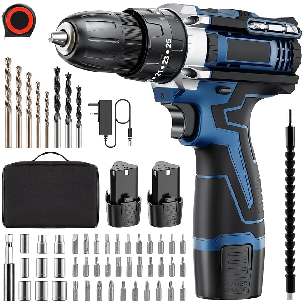 Cordless Drills,12V Power Impact Driver, Combi Drill Kit with Li-Ion Battery, Electric Screwdriver, 25+3 Torque, 10mm Collet, Double Speed, Led Light, 58 Pieces Accessory Set
