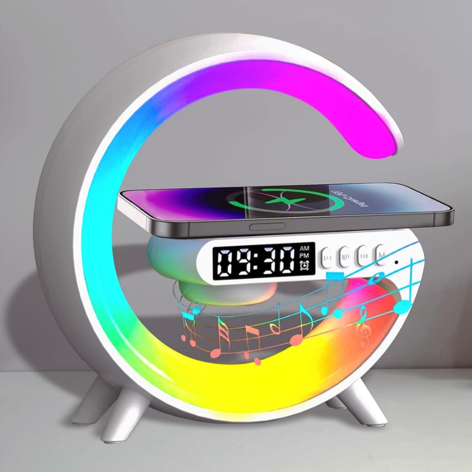 Today Sales 5 in 1 Wireless Charger Lamp Bluetooth Speaker Music Clock Alarm Key and App Control, 10 Light Color Modes, Bluetooth Lamp for Bedroom, Living Room, Home and Office