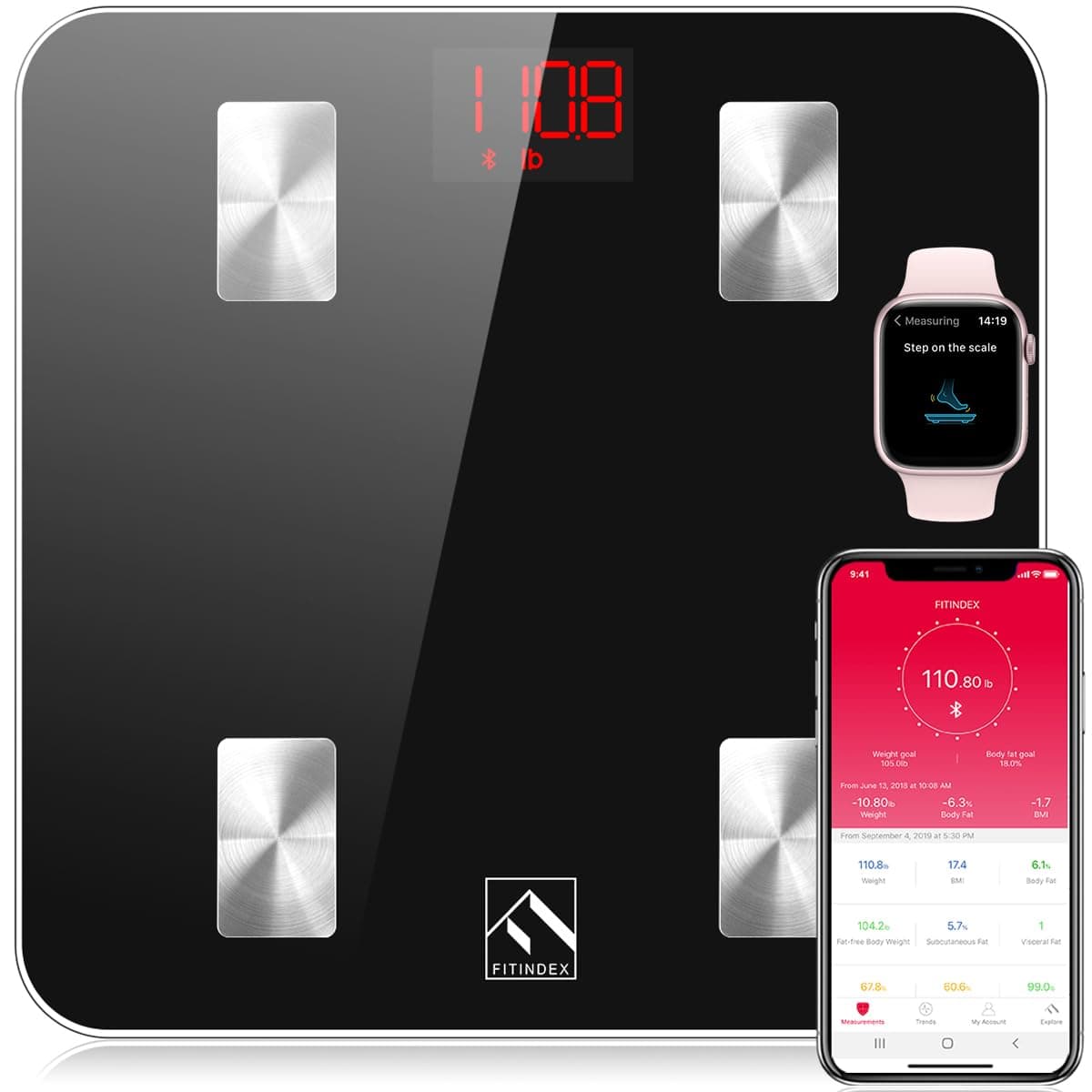 FITINDEX Scale with BMI, Body Fat, Muscle Mass, Smart Scale for Body Weight, Bluetooth, Digital, Sync with App, User Health Equipment