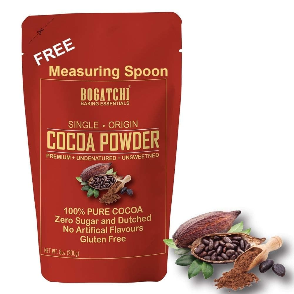 BOGATCHI Raw Dutched and Natural Cocoa Powder for Cake Making, Gluten Free | No Sugar | Vegan | Keto Chocolate, Dark Unsweetened Cocoa Powder, 200g, Free Measuring Spoon
