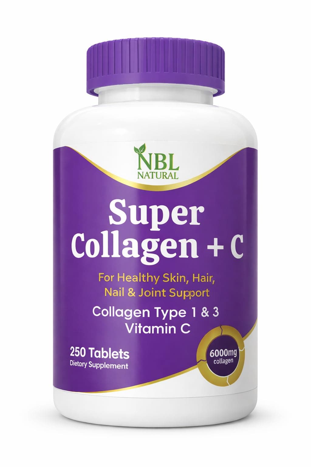 NBL Natural Super Collagen with Vitamin C, Collagen Peptides Types 1 & 3 for Hair, Skin, Nails & Joints – 6000MG - 250 Tablets
