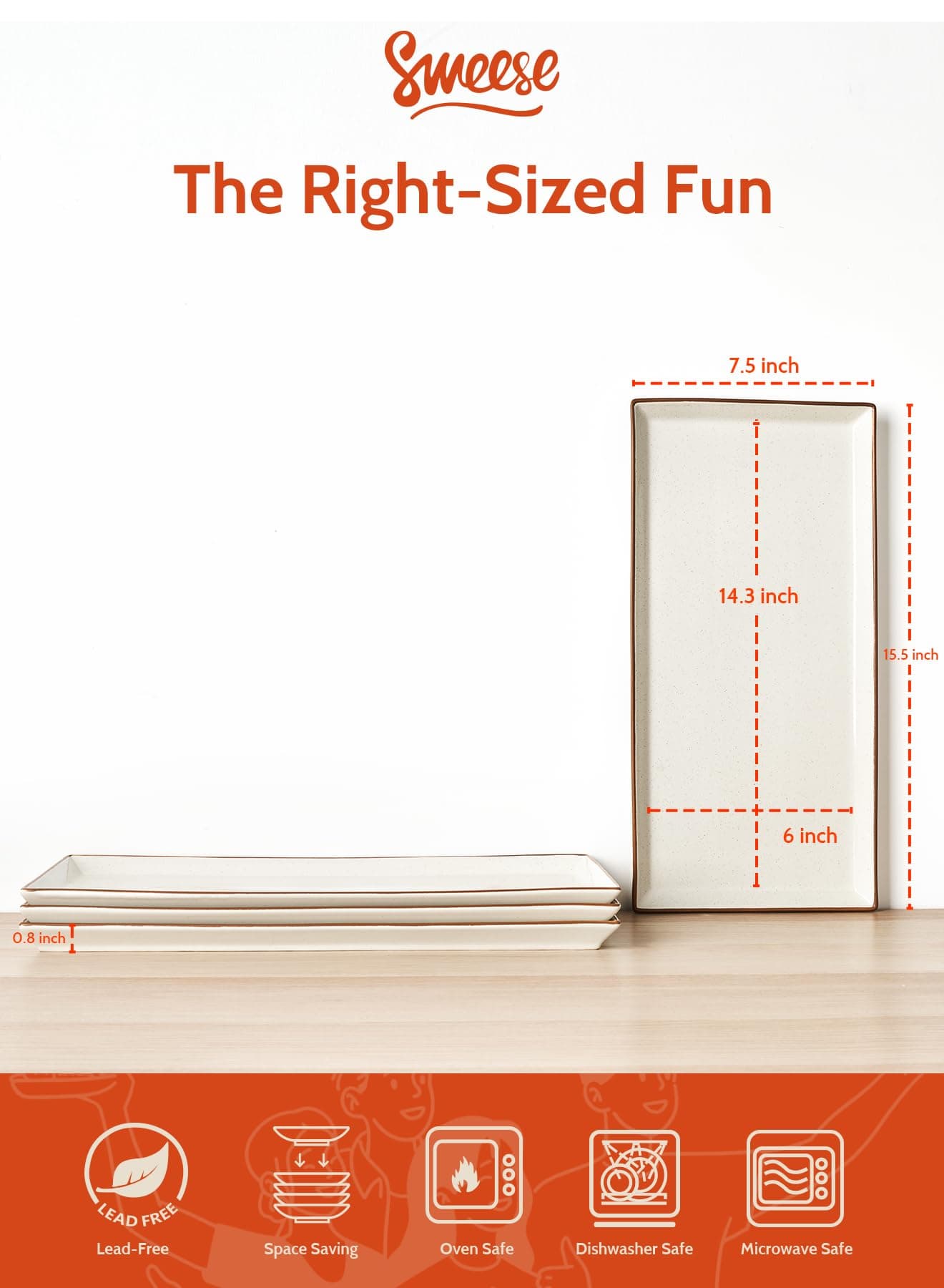 Sweese Serving Platters, Porcelain Vanilla White with Brown Trim Serving Trays for Parties, Food and Turkey, Large Rectangular Plates - 15.5 Inch, Set of 4