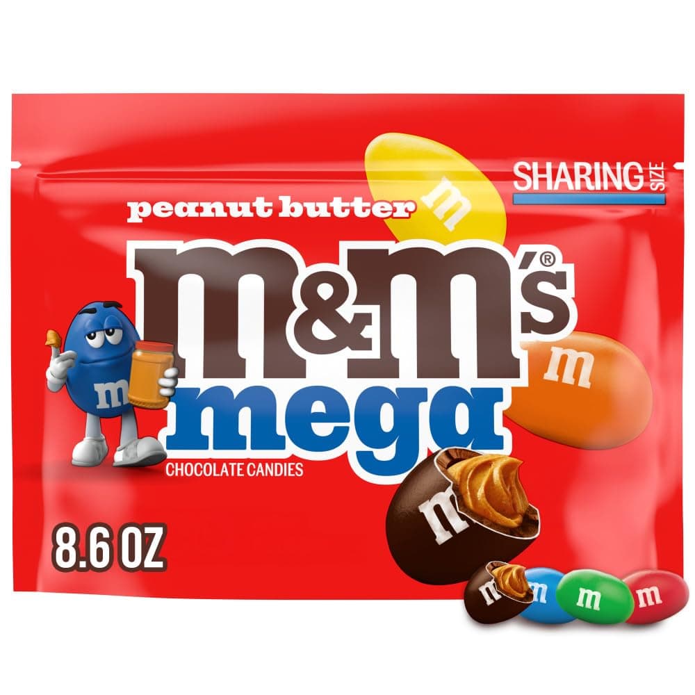 M&M'S Mega Peanut Butter Chocolate Candy, Sharing Size, 8.6 Oz Resealable Bag