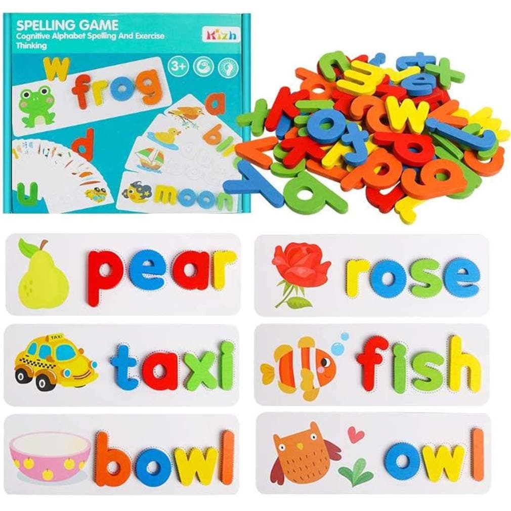 AM ANNA See Spelling Learning Toy Wooden Educational Developmental Toy Develops Vocabulary and Spelling Skills with 28 Double - Sided Cognitive Cards and 52 Letters