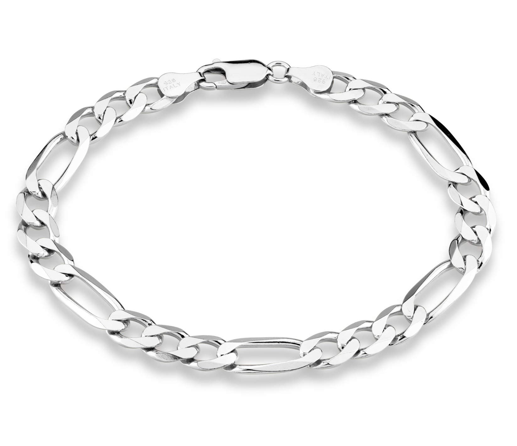 Miabella 925 Sterling Silver Italian 7mm Solid Diamond-Cut Figaro Link Chain Bracelet for Men, 7.5", 8", 8.5", 9"
