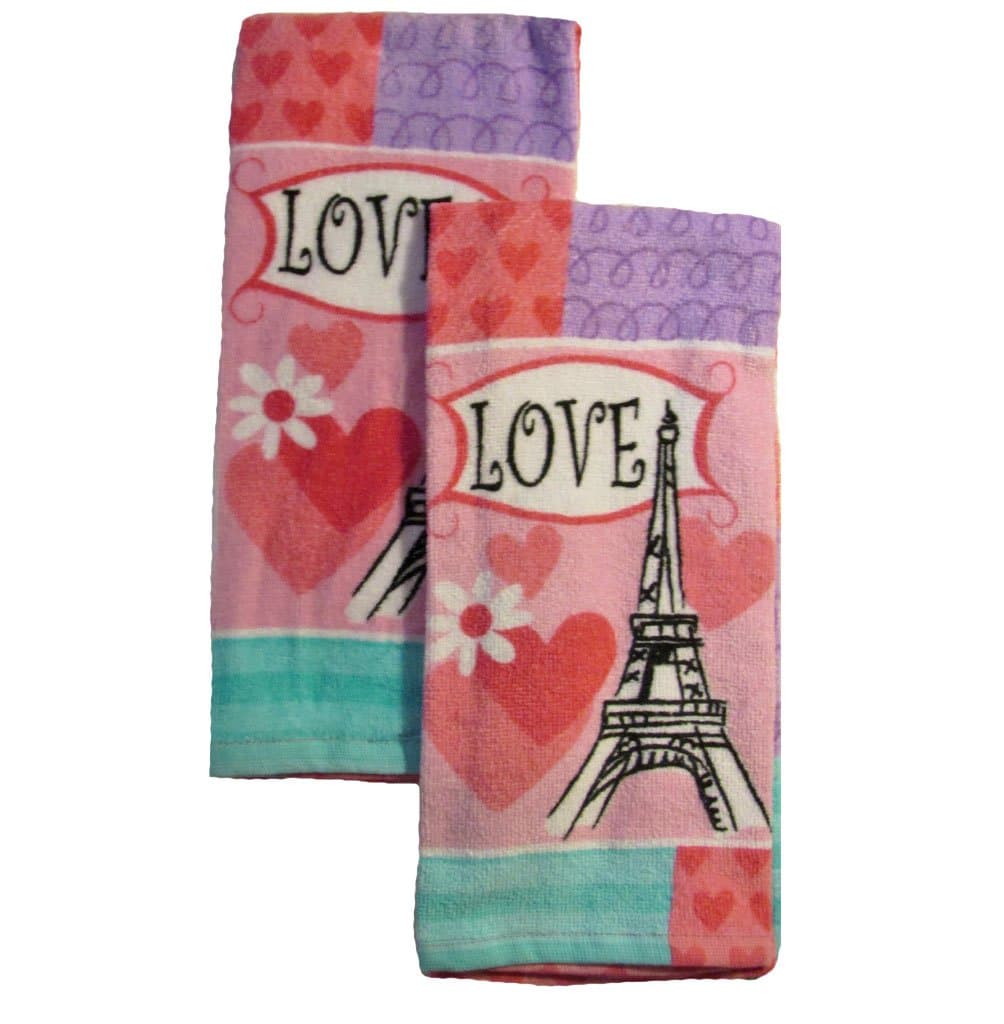 2 Pk "Love" Paris Eiffel Tower Plush Kitchen Towels- 16" X 26"