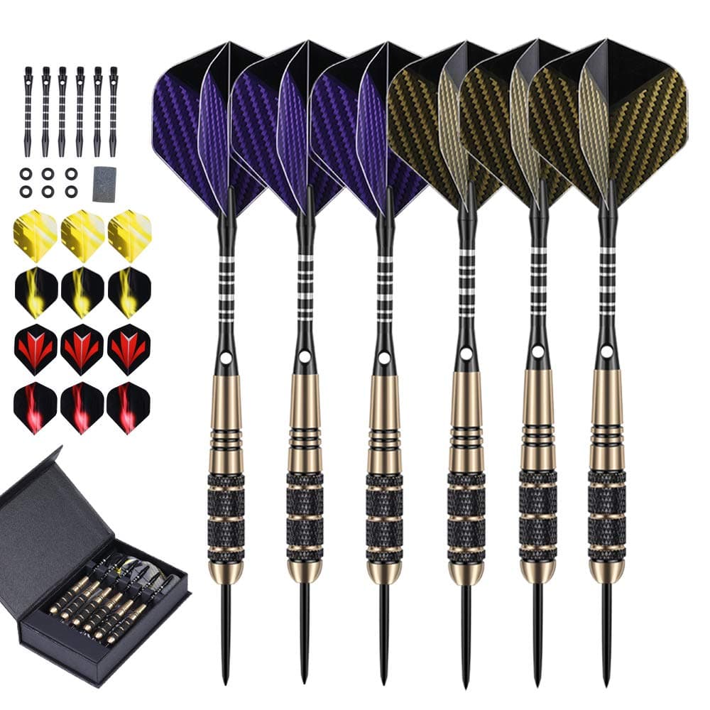 LARRITS 6 Pack 24 Grams Steel Tip Darts Set With Aluminum Dart Shafts, include 18 pcs Dart Flights + 6 pcs Spare Aluminum Dart Shafts+ 6 pcs Rubber O-Rings + Dart Sharpener + Storage Case