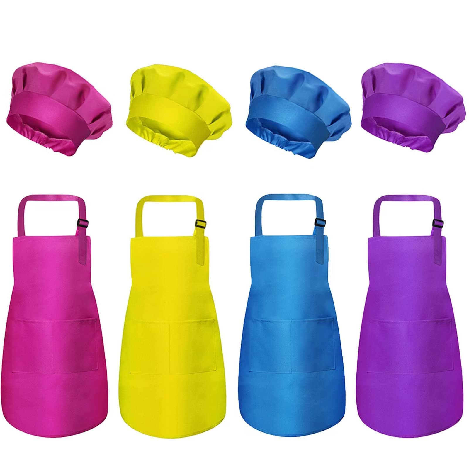 yarachel Kids Apron and Chef Hat Set - 8 Pieces Adjustable Child Aprons with Pockets for Kitchen Cooking Baking Painting