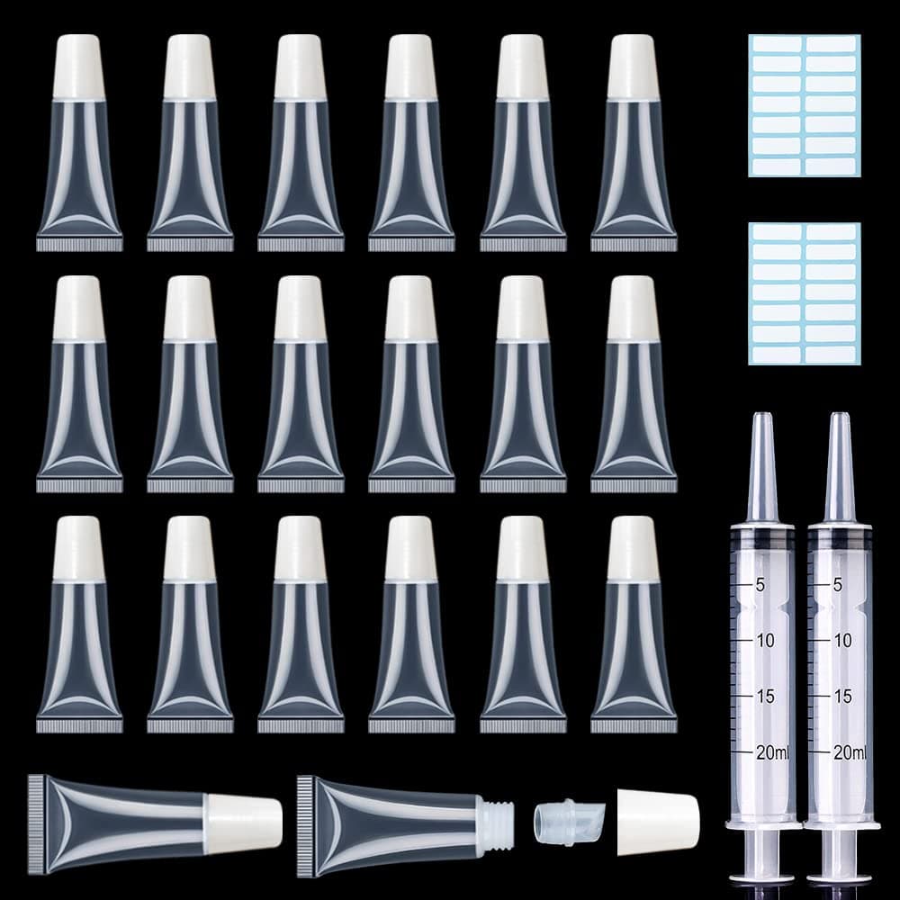 AMORIX 50PCS Lip Gloss Tubes 5ml White Cap Lip Gloss Containers Empty Lip Balm Tubes Cosmetic Lipgloss Tubes + 2 x 20ml Syringes Tag Labels for DIY Lip Gloss Base Glitter
