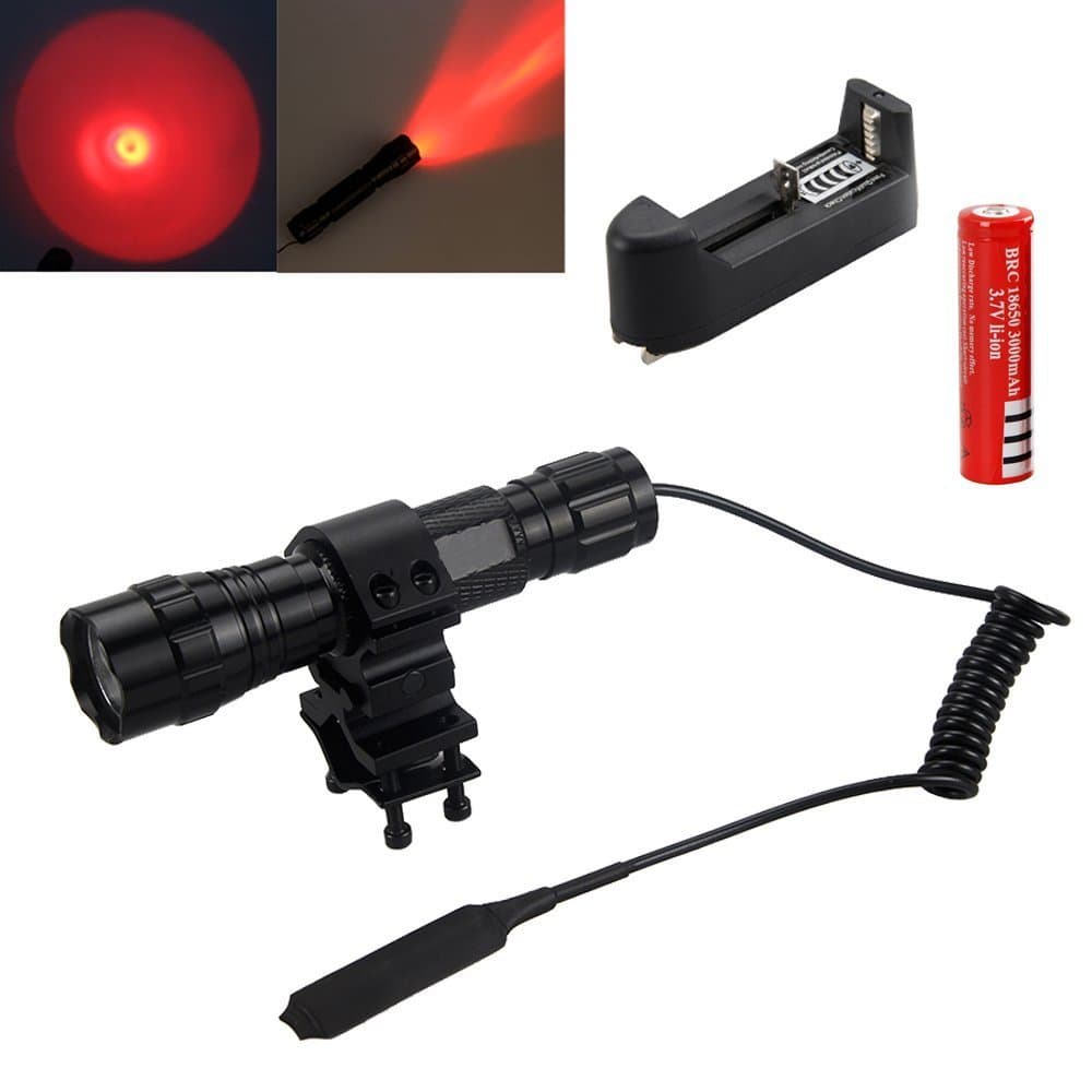 Tactical Gun Hunting Flashlight Torch Lantern 2000Lm CREE T6 LED RED Light Led Lamp+Pressure Swith+ Battery With Charger+Mount (red)