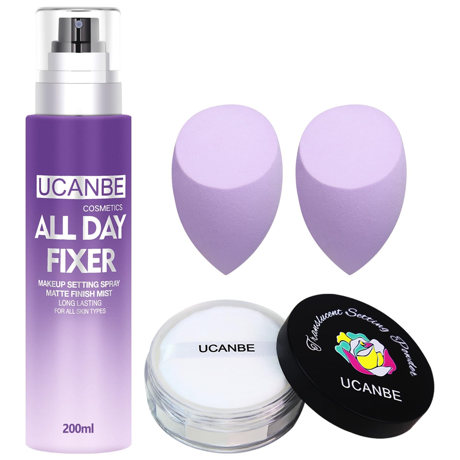 - UCANBEMAKUP Long Lasting Makeup Setting Spray Kit- 6.76 Fl oz Hydrating Matte Finish Mist Lightweight Face Make up Fixer +Translucent Loose Setting Powder+2PC Sponge Puff Set