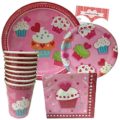 Valentines Day Party Disposable Dinnerware for 8 Guests - Cupcake Hearts - Paper Plates, Napkins and Cups