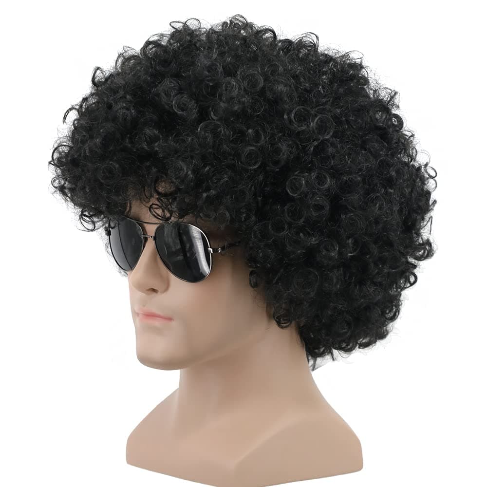 Short Black Curly Fluffy 70s Afro Wig 80s Disco Rocker Wig Heat Resistant Synthetic Fibers Durable Breathable Costume Hair for Unisex(Black)