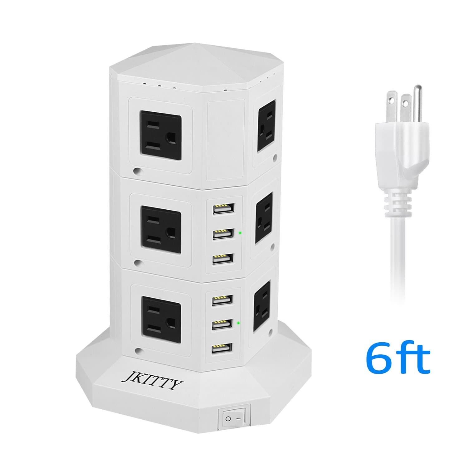JKitty Surge Protector Power Strip Multi Outlet with Surge Protection USB ports 3000W 12 Outlet 6 USB 8A Total Each 2.4A Max 6ft Long Cord Fast Charge Stable Tower Wall Adapter White