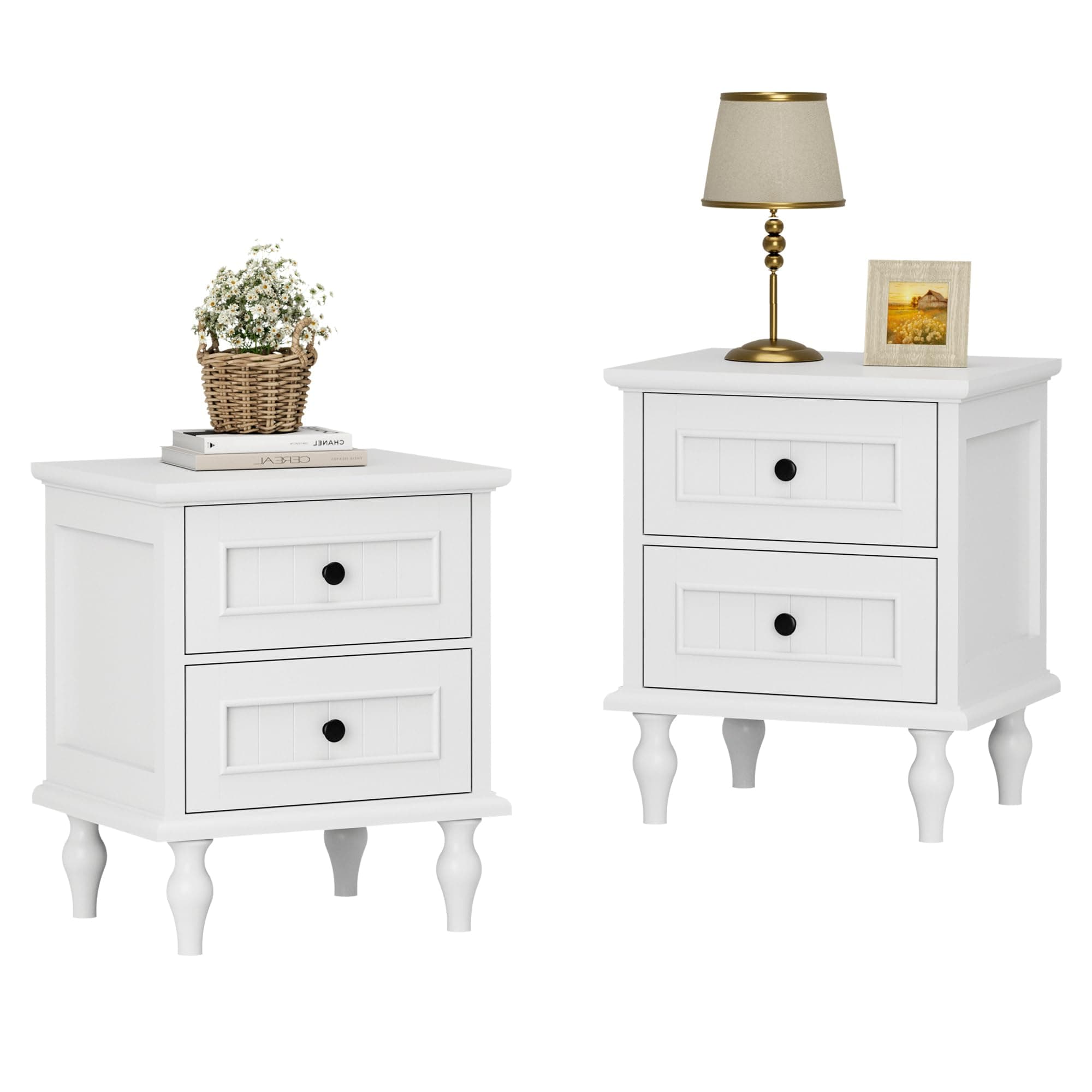 Scurrty Antique Style End Table with 2 Drawers, Taller Nightstand for Bedroom, Side Table for Bedroom,Nightstand Set of 2(Double White