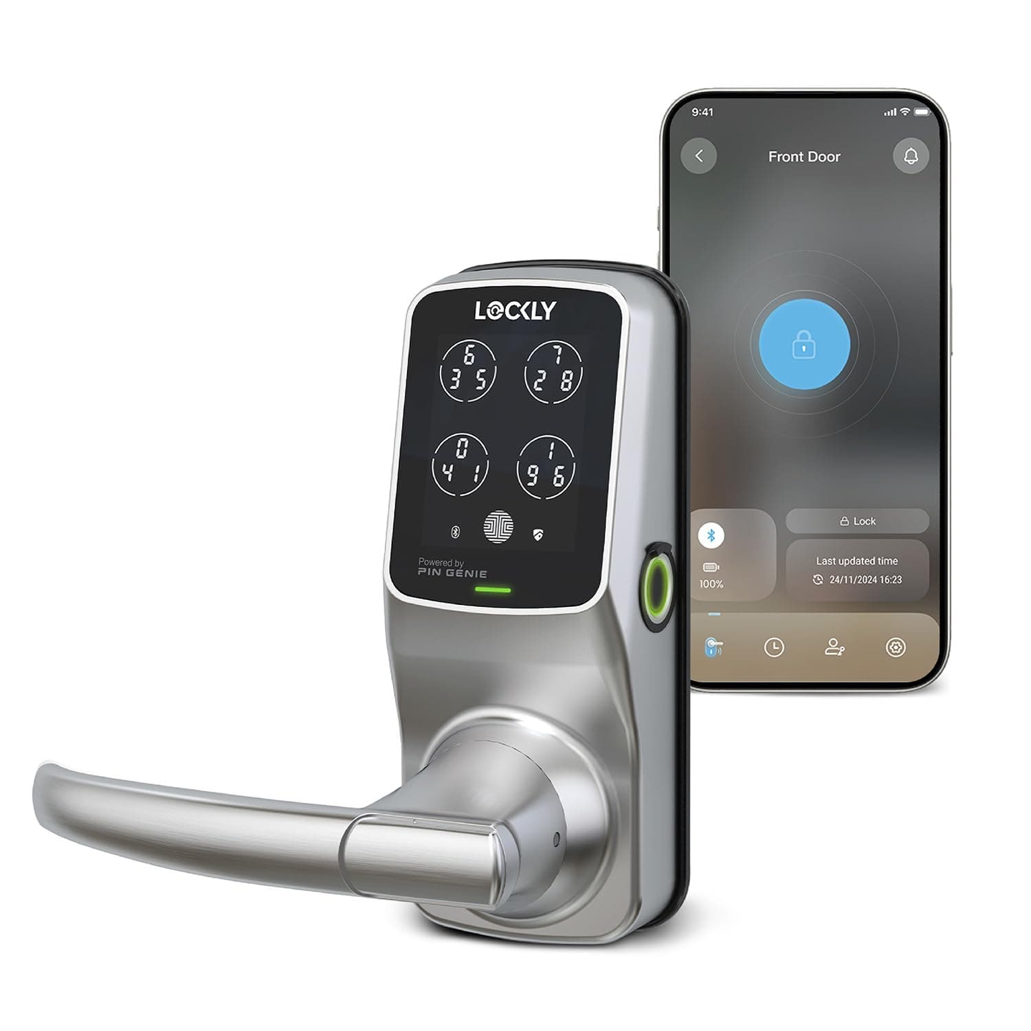 Lockly Secure Plus Bluetooth Smart Door Lock, Keyless Entry with PIN Genie® Digital Keypad, 3D Biometric Fingerprint Sensor Front Door Lock with Handle, Voice Control & Auto Lock - Latch Edition