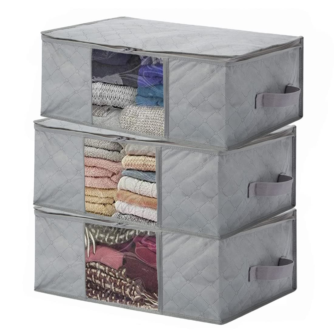 JSENGE 3 Foldable Clothes Storage Bags, Duvets Underbed Storage Bag, Bed Storage Pocket with Zips, Waterproof Thick Non-woven Fabric, Used For Blankets Pillows Toys Clothing, 48 x 35 x 20 cm (Grey)