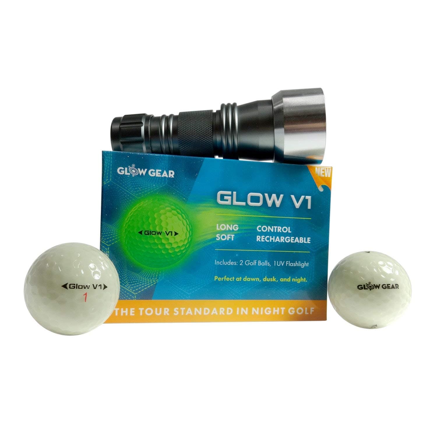 GlowGear Golf - GlowV1 Night Golf Balls with UV Flashlight, Glow in The Dark Golf Balls 2 Piece Construction with Tour Quality Compression Core, Urethane Skin, and Ultra Bright Glow