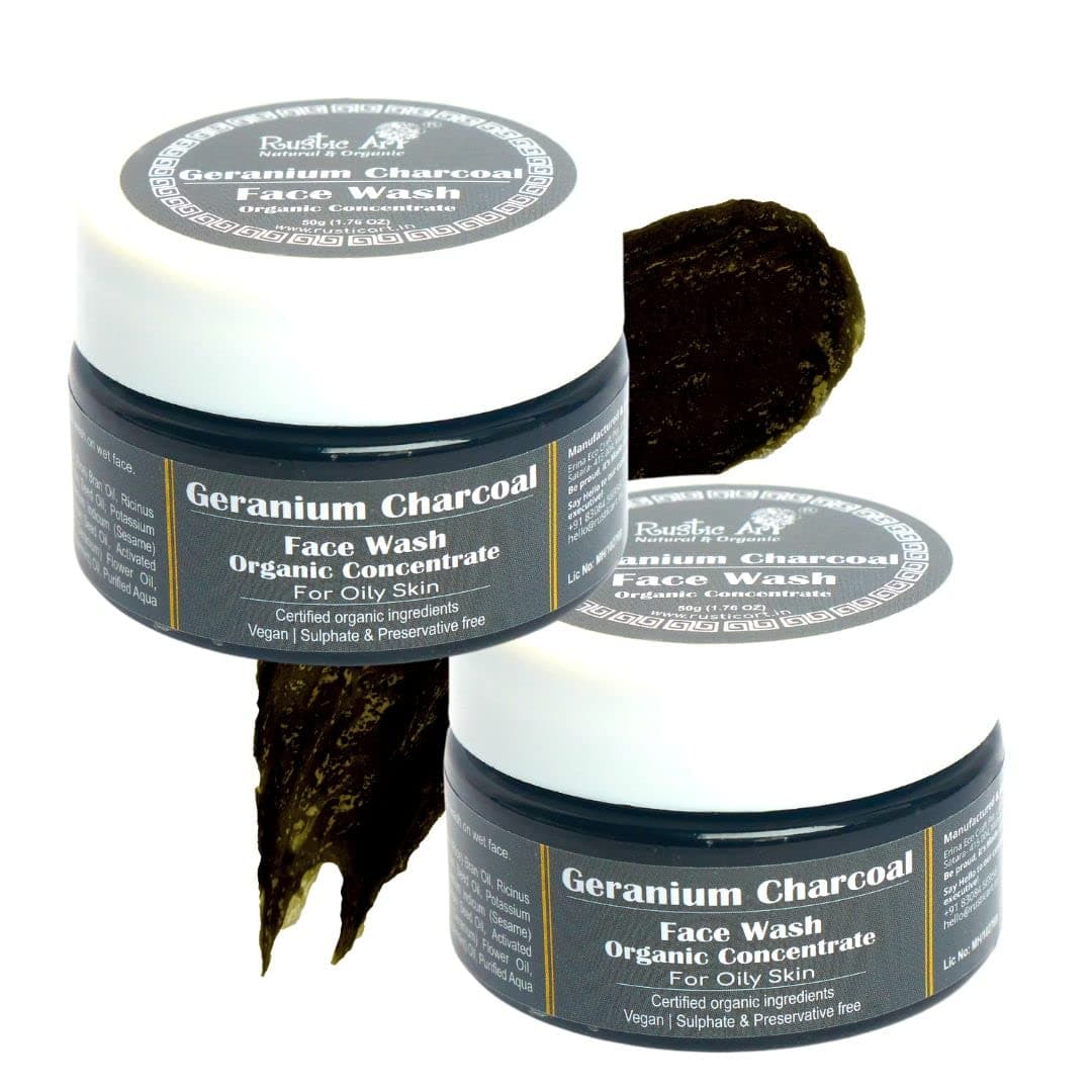 Rustic Art Organic Geranium Charcoal Face Wash | Deep Pore Cleansing for Oily Skin | Activated Charcoal | 50g Pack of 2
