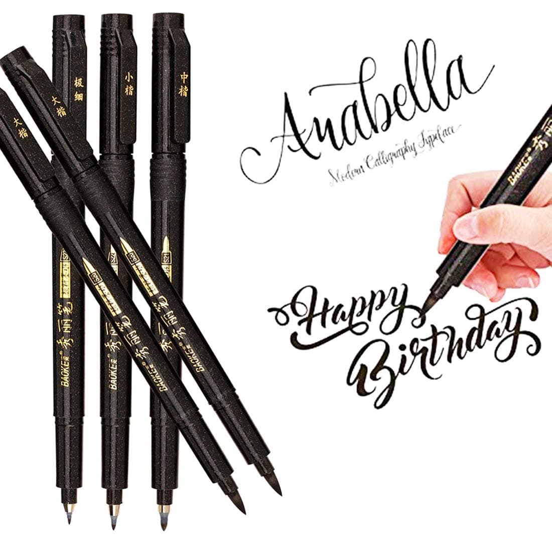 Hand Lettering Pens, Calligraphy Pen Brush Markers Set, Refillable, for Beginners Writing, Signature, Art Drawings, Illustrations, Bullet Journaling and More, Black Ink Pens Art Marker (5 Pack)
