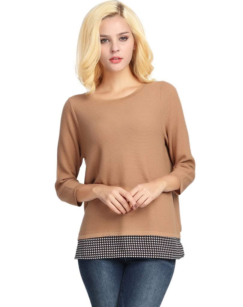 Women's Knit Pullover Sweater Top 3/4 Sleeve 2Fer Loose Casual Pullover Layered Sweater Camel Sweater