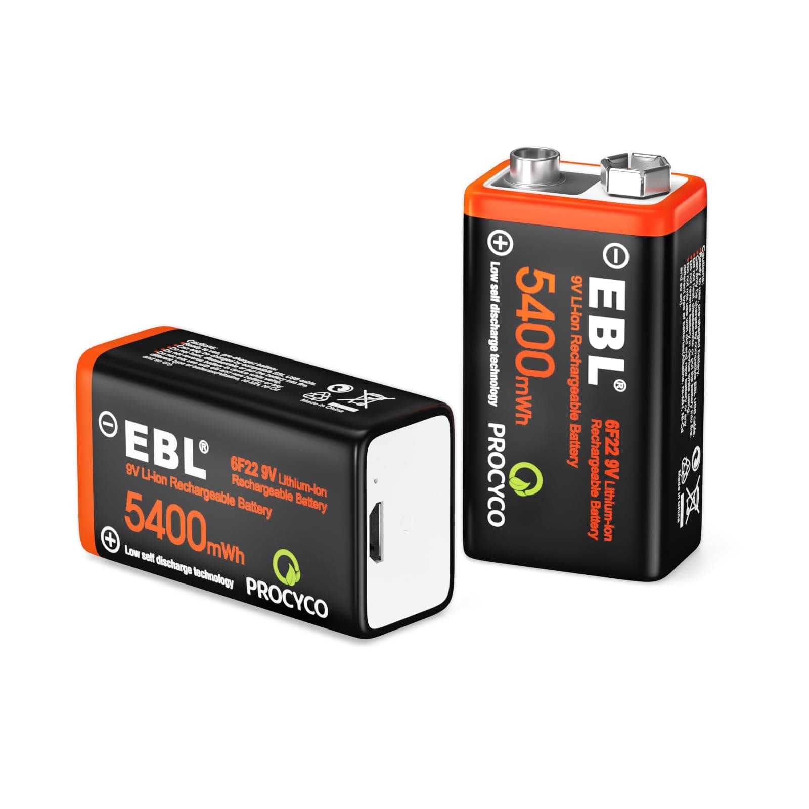 EBL 9 V Rechargeable Batteries, 600 mAh, 2 Pack, 6P Batteries, 1.5 H Rapid Charging, Compatible with Radios, Toys, Indoor Smoke Detectors, Micro USB Charging Cable, Can Be Used Approximately 800 Times