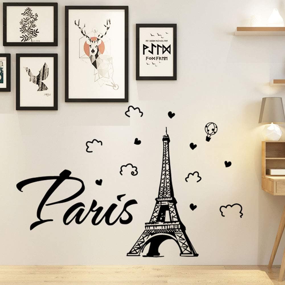 Decor MI Wall Decal Stickers Large Black Paris Eiffel Tower Wall Decals Removable Peel and Stick Balloon Clouds Wall Decals Decor for Girls Bedroom, Living Room, Bathroom, Kitchen,Windows