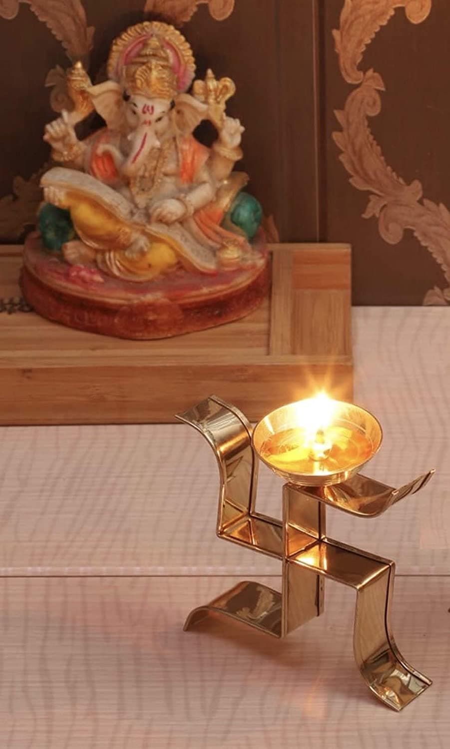 AONA Brass Diya On Swastik Deepam Deepak Deep Brass Diya Home Decor Height 4 Inch