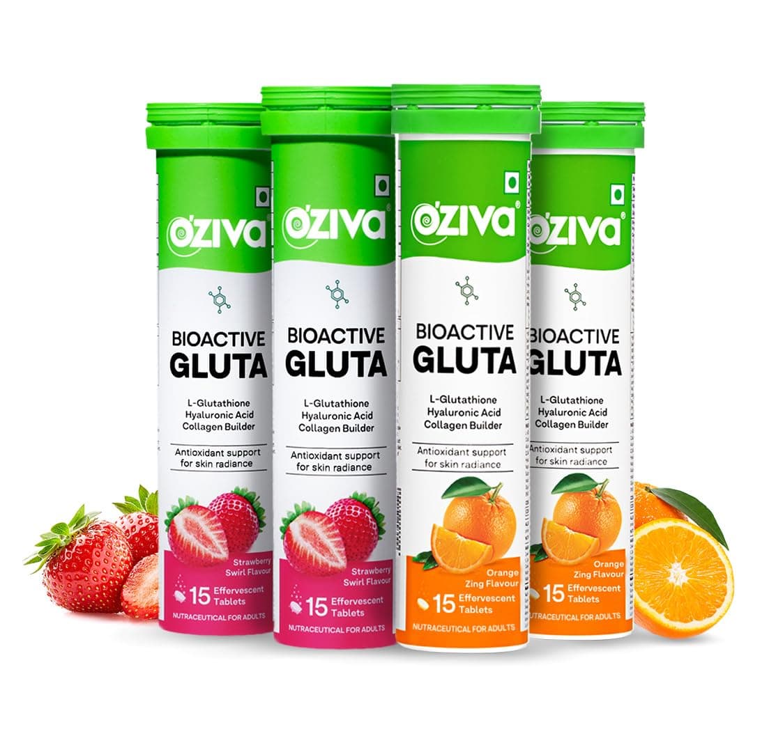OZiva Bioactive Glutathione Tablets for Radiant Skin - 60 Effervescent Tablets (Pack of 4) | L-Glutathione, Hyaluronic Acid, Lycopene For Skin Glow & Anti-Pigmentation | Strawberry Swirl and Orange