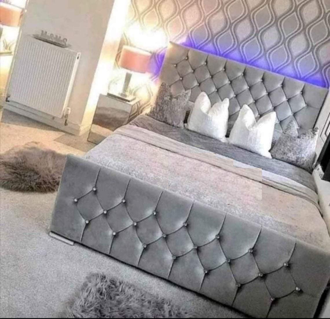 ATN Diamante Upholstered Bed Frame Single/Double/King Size in Soft Plush Fabric (Black Plush Fabric, 6ft Super King Size)