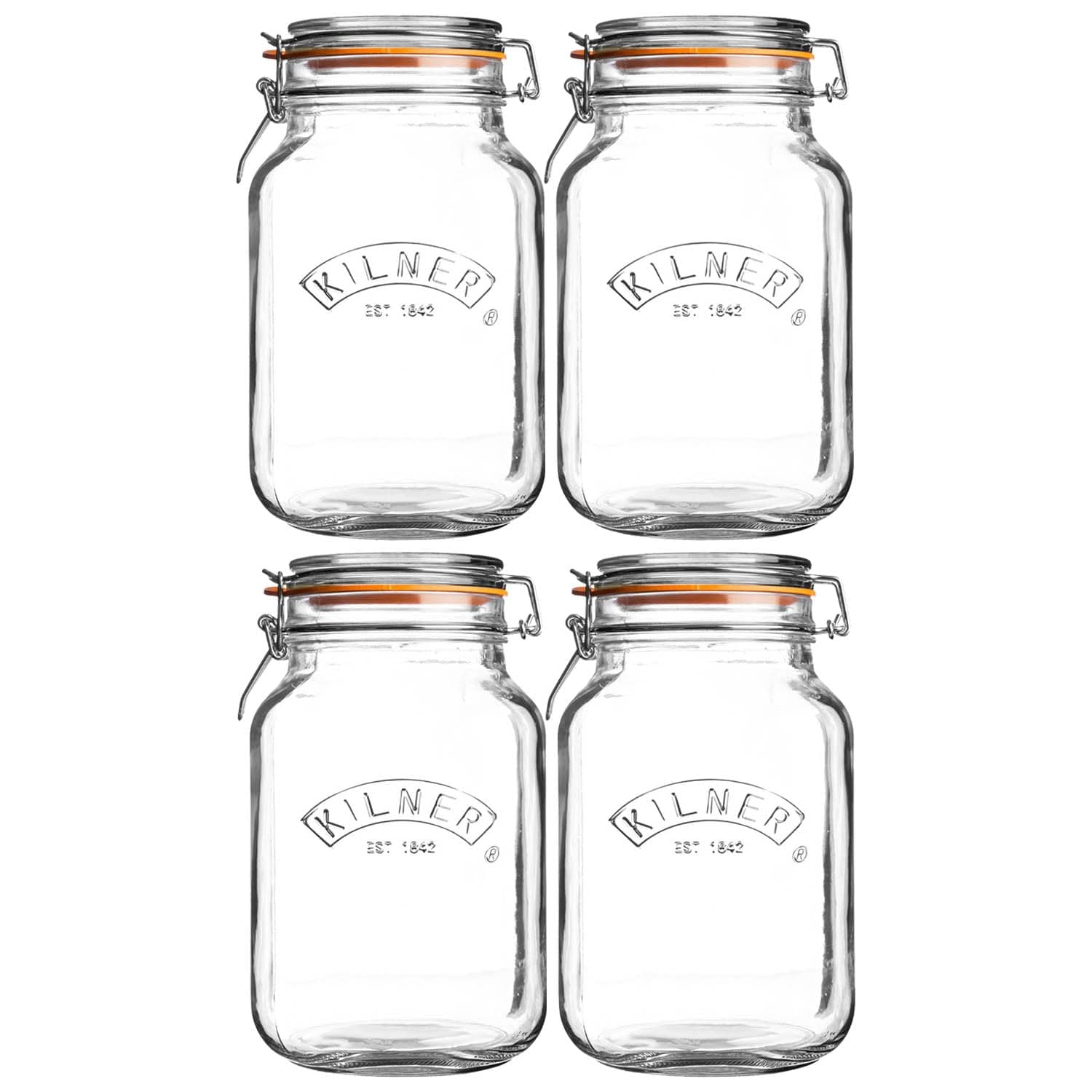 Kilner Clip Top Square Jar Ideal for Preserving Fruit/Vegetables 2 Litre Clear (Pack of 4)