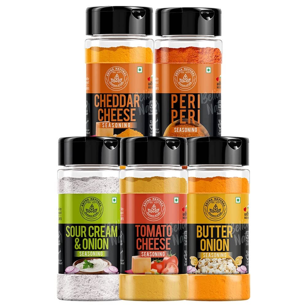 ARTHA NATURAL(Cheddar Cheese,Peri Peri,Sour Cream&Onion,Butter Onion,Tomato Cheese) Multi Purpose Seasoning For Pizza,Pasta,Popcorn,French Fries Dip&Sauces,Nachos,Chips&Many More-500G (100 Gram Each)