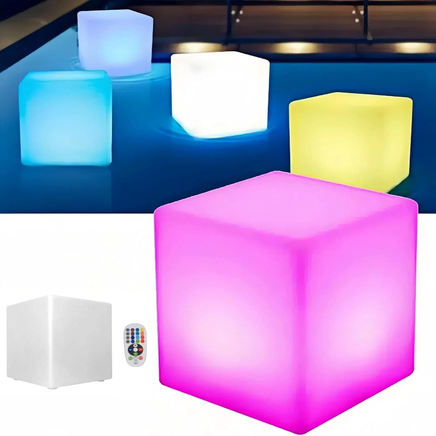 LED Cube Lights, 17inch Rechargeable RGB Colors Changing Light with Remote, 16 RGB Colors 4 Flash Modes LED Glow Cube Seat, Waterproof LEDS Furniture Stool Table for Home Outdoor Pool Bar Party Decor