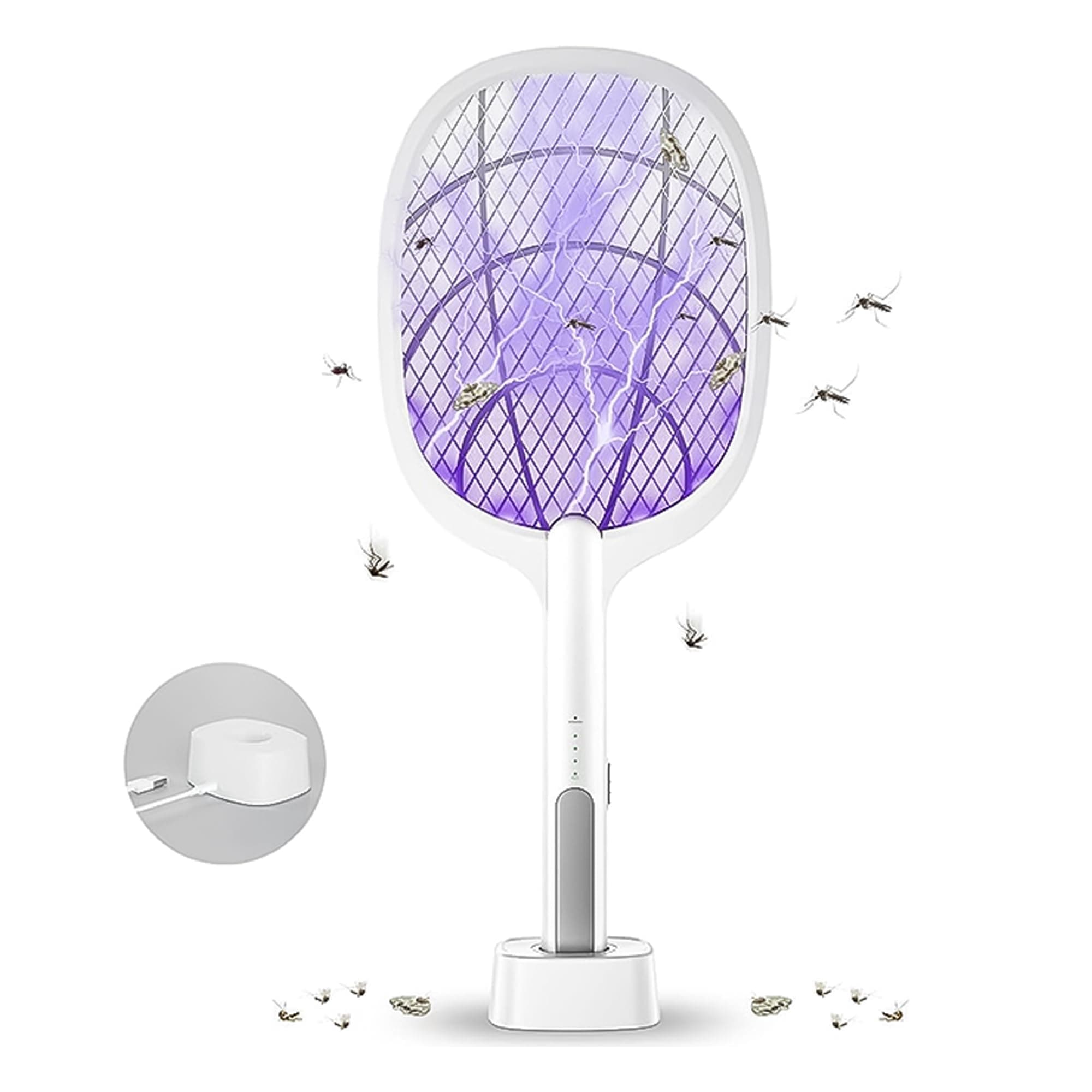 Rechargeable Electric Fly Swatter with LED Light-Powerful Mosquito and Fly Killer Zapper, Bug Control Home and Outdoor Mosquito Killer for Mosquitoes, Flies, Bees, Moths (White)