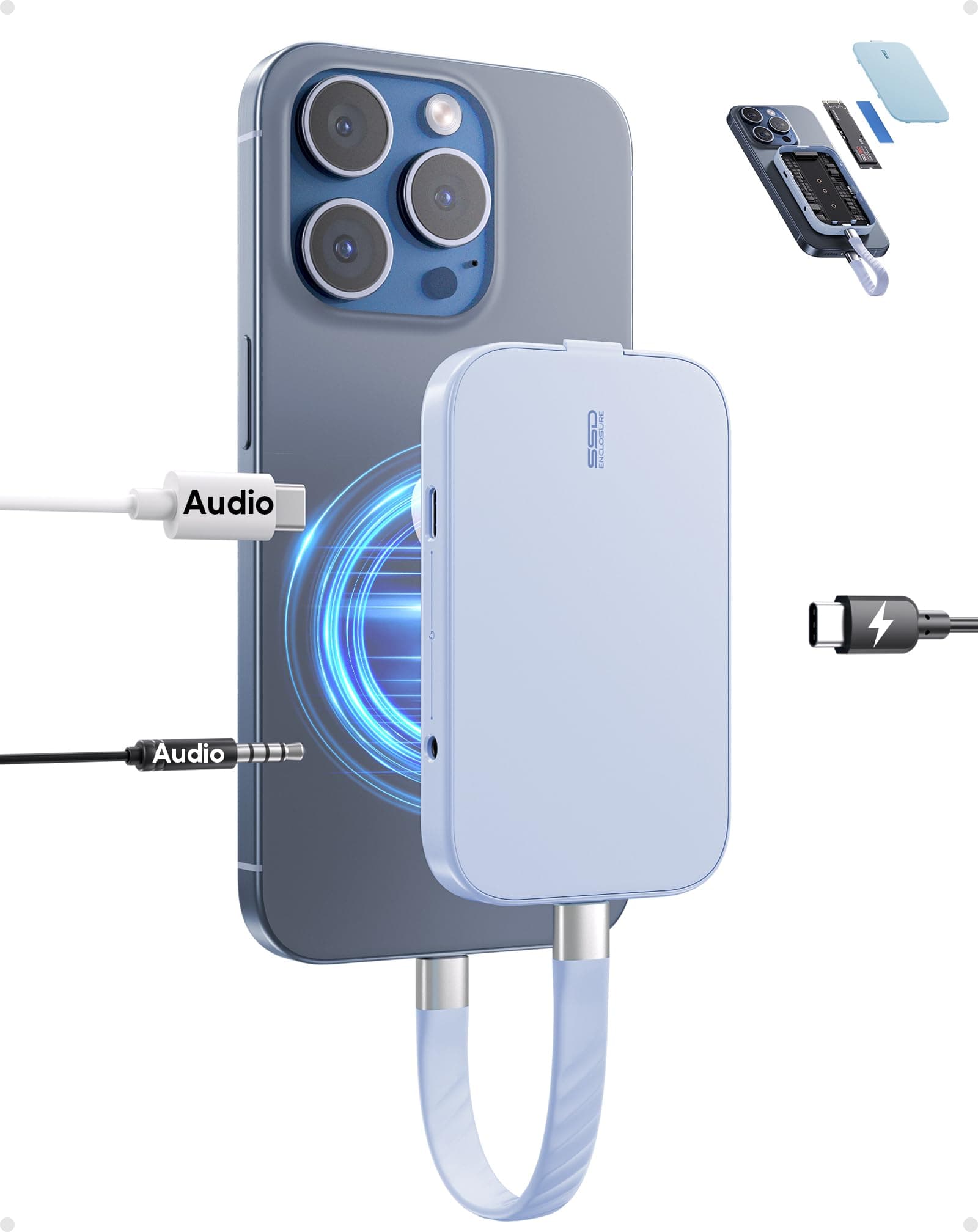 Magnetic M.2 2230 SSD Enclosure for iPhone 15 16 17 Pro/Max ProRes, M.2 2242 2260 2280 NVMe SSD to USB C Enclosure 10Gbps, 60W PD, USB-C/ 3.5mm Audio for MacBook iPad SSD Not Included - Blue