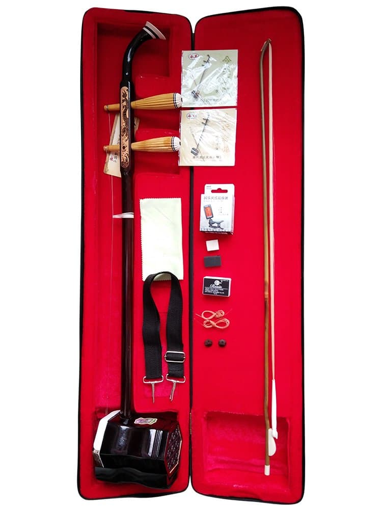 Chinese 2 Strings Traditional National Instruments Ergonomic Flat Neck Erhu Engraved with Dragon Phoneme Mark for Entry Level Case