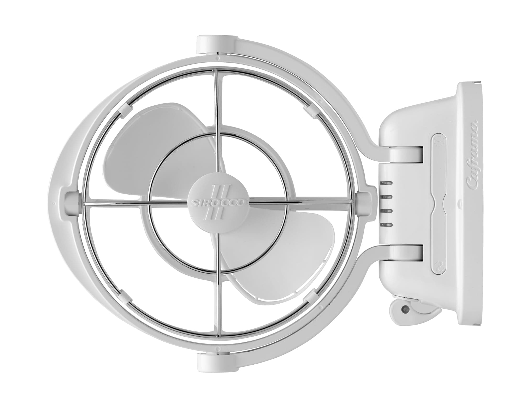 SEEKR Sirocco II™ Fan from by Caframo. 12V/24V Auto-Sensing DC, Omnidirectional Low-Power Draw Fan for Boats and RVs. Hardwire Installation Required. Made in Canada. White.