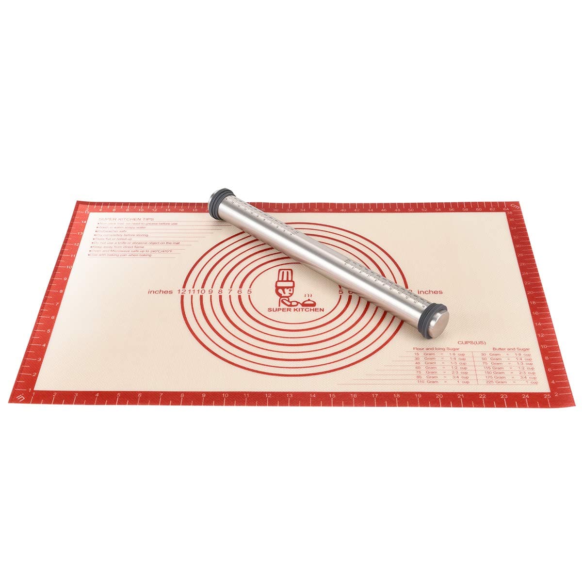 Non-Stick Stainless Steel Rolling Pin with Removable Thickness Guide Rings + Non-Slip Silicone Pastry Baking Mats 66×40cm, Adjustable Dough Roller for Pizza, Pasta, Pie Crust, Cookie, Fondant Icing