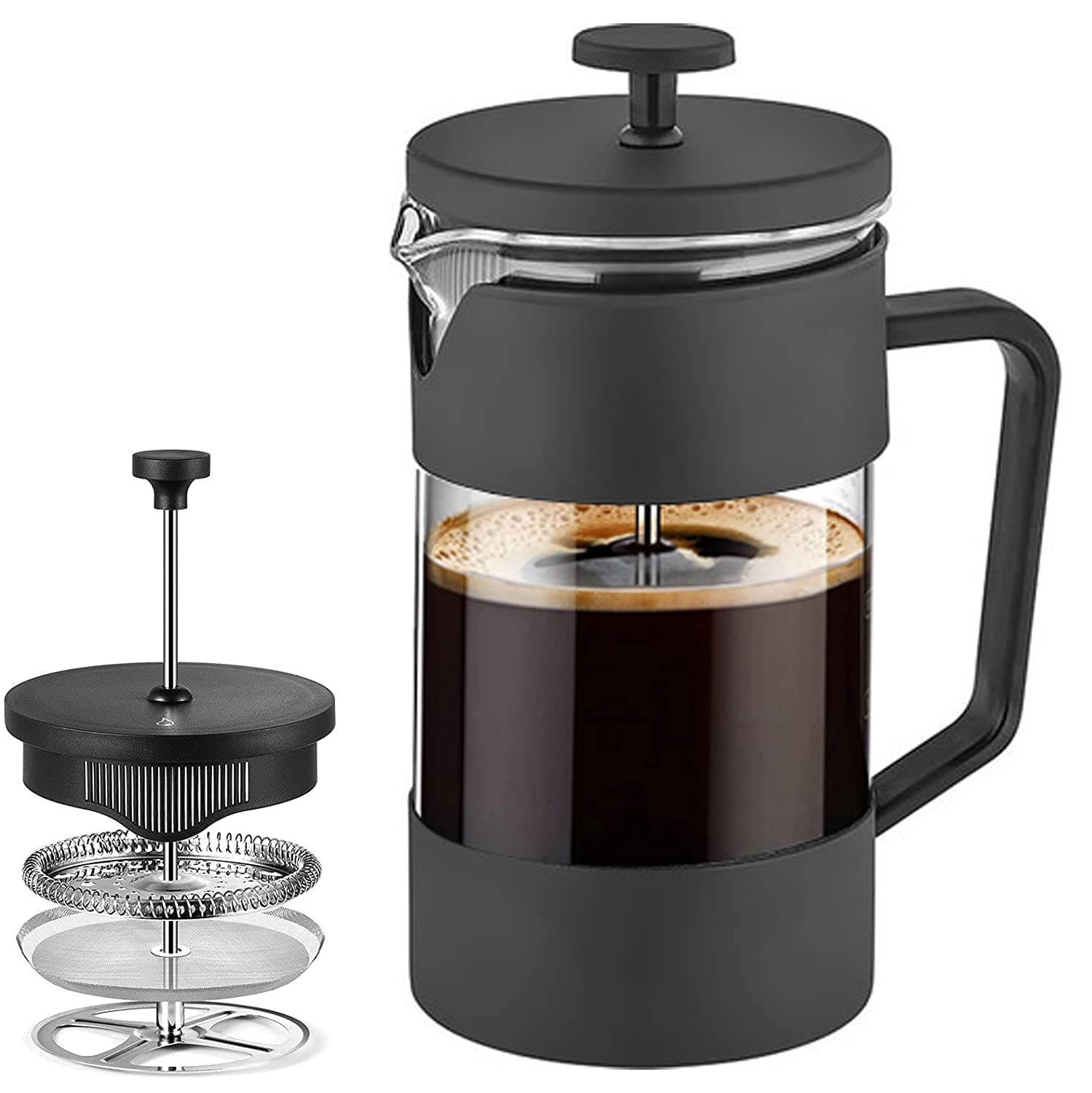 French Press Coffee & Tea Maker 600ml, Thickened Borosilicate Glass Coffee Press with Filter Screens, Rust-Free and Dishwasher Safe, 100% BPA Free